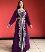 Wine Zari Stone Work Georgette Islamic Style Beads Embedded Partywear Kaftan Long Gown Evening wear Dubai kaftan