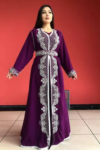 Wine Zari Stone Work Georgette Islamic Style Beads Embedded Partywear Kaftan Long Gown Evening wear Dubai kaftan