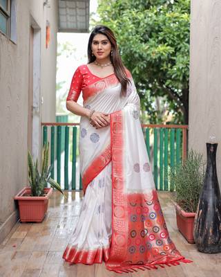 White woven design pure bandhej silk saree with blouse 1
