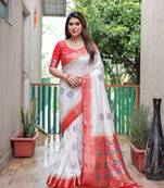 White woven design pure bandhej silk saree with blouse
