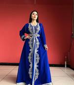 Blue Zari Stone Work Georgette Islamic Style Beads Embedded Partywear Kaftan Long Gown Evening wear Dubai kaftan