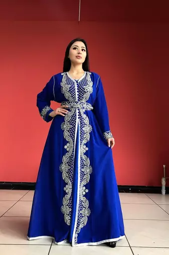 Blue Zari Stone Work Georgette Islamic Style Beads Embedded Partywear Kaftan Long Gown Evening wear Dubai kaftan