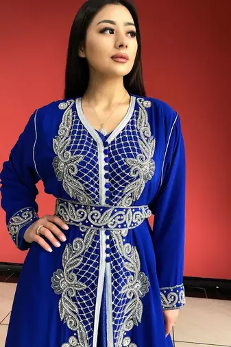 Blue Zari Stone Work Georgette Islamic Style Beads Embedded Partywear Kaftan Long Gown Evening wear Dubai kaftan