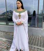 White Zari Stone Work Georgette Islamic Style Beads Embedded Partywear Kaftan Long Gown Evening wear Dubai kaftan