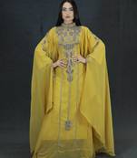 yellow Zari Stone Work Georgette Islamic Style Beads Embedded Partywear Kaftan Long Gown Evening wear Dubai kaftan