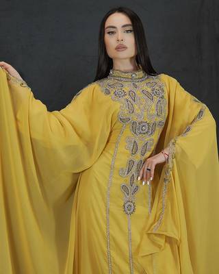 yellow Zari Stone Work Georgette Islamic Style Beads Embedded Partywear Kaftan Long Gown Evening wear Dubai kaftan 2