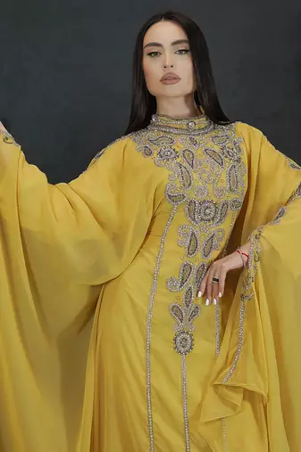 yellow Zari Stone Work Georgette Islamic Style Beads Embedded Partywear Kaftan Long Gown Evening wear Dubai kaftan
