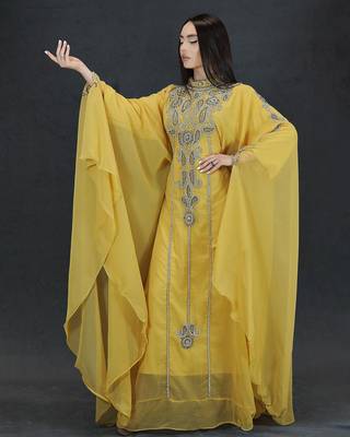 yellow Zari Stone Work Georgette Islamic Style Beads Embedded Partywear Kaftan Long Gown Evening wear Dubai kaftan 3