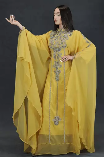 yellow Zari Stone Work Georgette Islamic Style Beads Embedded Partywear Kaftan Long Gown Evening wear Dubai kaftan