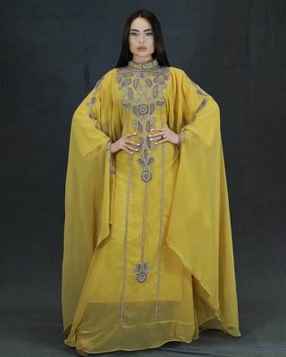 yellow Zari Stone Work Georgette Islamic Style Beads Embedded Partywear Kaftan Long Gown Evening wear Dubai kaftan 4