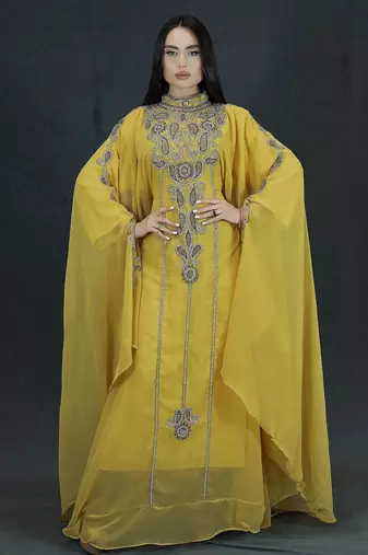 yellow Zari Stone Work Georgette Islamic Style Beads Embedded Partywear Kaftan Long Gown Evening wear Dubai kaftan