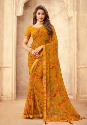 Mustard Floral Printed Chiffon Sari With Banarsi Border 1