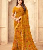 Mustard Floral Printed Chiffon Sari With Banarsi Border
