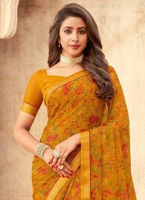 Mustard Floral Printed Chiffon Sari With Banarsi Border 2