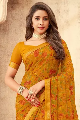 Mustard Floral Printed Chiffon Sari With Banarsi Border