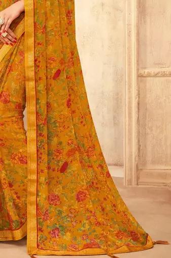 Mustard Floral Printed Chiffon Sari With Banarsi Border