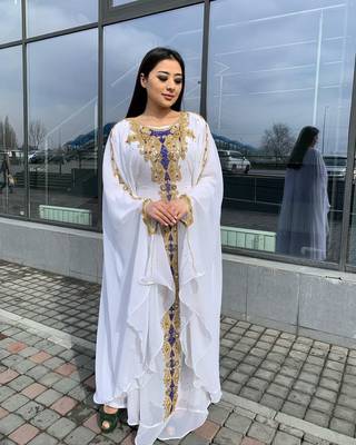 White Zari Stone Work Georgette Islamic Style Beads Embedded Partywear Kaftan Long Gown Evening wear Dubai kaftan 1