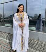 White Zari Stone Work Georgette Islamic Style Beads Embedded Partywear Kaftan Long Gown Evening wear Dubai kaftan