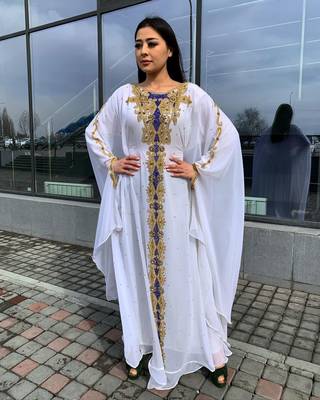 White Zari Stone Work Georgette Islamic Style Beads Embedded Partywear Kaftan Long Gown Evening wear Dubai kaftan 2