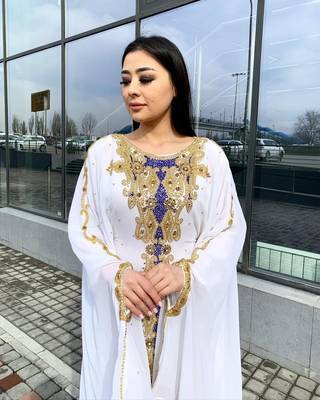 White Zari Stone Work Georgette Islamic Style Beads Embedded Partywear Kaftan Long Gown Evening wear Dubai kaftan 3
