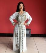 WHITE Zari Stone Work Georgette Islamic Style Beads Embedded Partywear Kaftan Long Gown Evening wear Dubai kaftan
