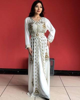WHITE Zari Stone Work Georgette Islamic Style Beads Embedded Partywear Kaftan Long Gown Evening wear Dubai kaftan 2