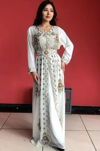 WHITE Zari Stone Work Georgette Islamic Style Beads Embedded Partywear Kaftan Long Gown Evening wear Dubai kaftan