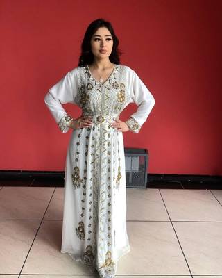 WHITE Zari Stone Work Georgette Islamic Style Beads Embedded Partywear Kaftan Long Gown Evening wear Dubai kaftan 3