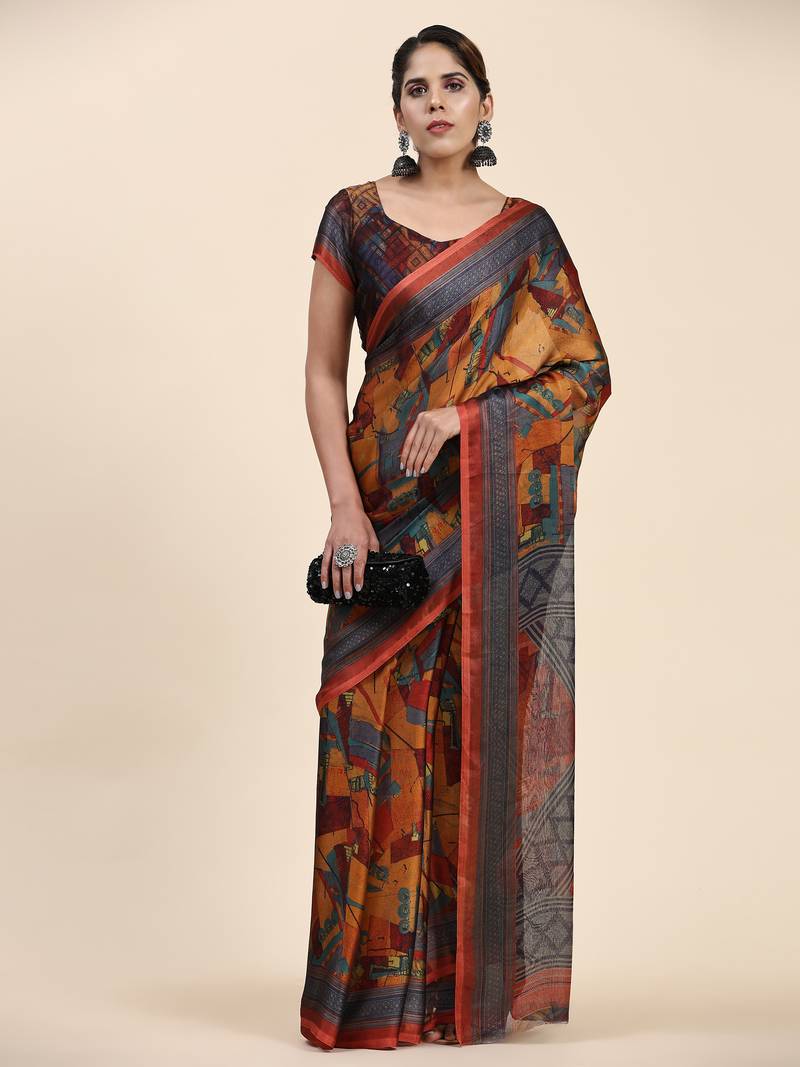  PUSPA 2  Printed  RUST ORANGE ART SIK SAREE