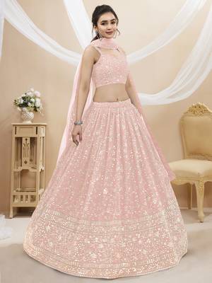 PINK SEQUINS AND ZARI EMBROIDERED GEORGETTE FESTIVE & PARTY WEAR SEMI STITCHED LEHENGA CHOLI 1