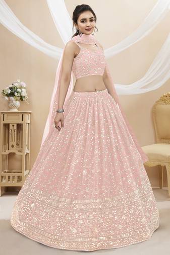 PINK SEQUINS AND ZARI EMBROIDERED GEORGETTE FESTIVE & PARTY WEAR SEMI STITCHED LEHENGA CHOLI