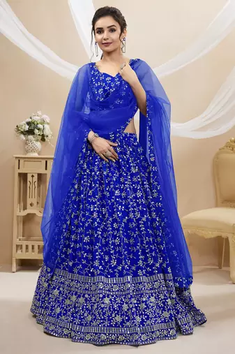 BLUE SEQUINS AND ZARI EMBROIDERED GEORGETTE FESTIVE & PARTY WEAR SEMI STITCHED LEHENGA CHOLI