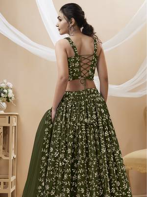 GREEN SEQUINS AND ZARI EMBROIDERED GEORGETTE FESTIVE & PARTY WEAR SEMI STITCHED LEHENGA CHOLI 2