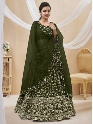 GREEN SEQUINS AND ZARI EMBROIDERED GEORGETTE FESTIVE & PARTY WEAR SEMI STITCHED LEHENGA CHOLI 3