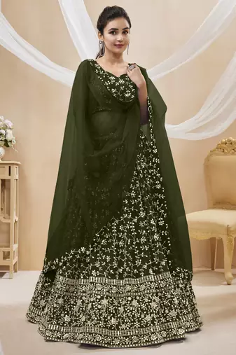GREEN SEQUINS AND ZARI EMBROIDERED GEORGETTE FESTIVE & PARTY WEAR SEMI STITCHED LEHENGA CHOLI
