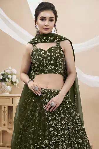 GREEN SEQUINS AND ZARI EMBROIDERED GEORGETTE FESTIVE & PARTY WEAR SEMI STITCHED LEHENGA CHOLI