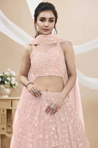 PINK SEQUINS AND ZARI EMBROIDERED GEORGETTE FESTIVE & PARTY WEAR SEMI STITCHED LEHENGA CHOLI