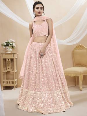 PINK SEQUINS AND ZARI EMBROIDERED GEORGETTE FESTIVE & PARTY WEAR SEMI STITCHED LEHENGA CHOLI 3