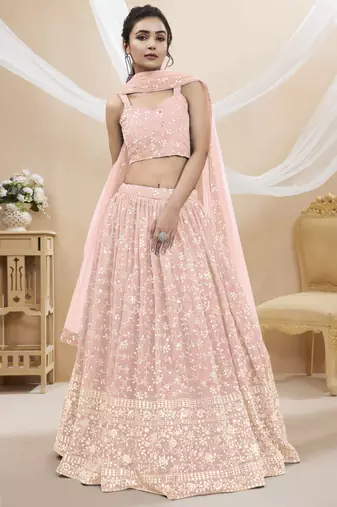 PINK SEQUINS AND ZARI EMBROIDERED GEORGETTE FESTIVE & PARTY WEAR SEMI STITCHED LEHENGA CHOLI