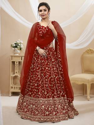 RED SEQUINS AND ZARI EMBROIDERED GEORGETTE FESTIVE & PARTY WEAR SEMI STITCHED LEHENGA CHOLI 4