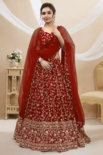 RED SEQUINS AND ZARI EMBROIDERED GEORGETTE FESTIVE & PARTY WEAR SEMI STITCHED LEHENGA CHOLI
