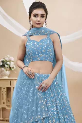 SKY BLUE SEQUINS AND ZARI EMBROIDERED GEORGETTE FESTIVE & PARTY WEAR SEMI STITCHED LEHENGA CHOLI