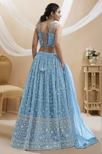 SKY BLUE SEQUINS AND ZARI EMBROIDERED GEORGETTE FESTIVE & PARTY WEAR SEMI STITCHED LEHENGA CHOLI