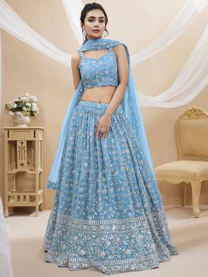 SKY BLUE SEQUINS AND ZARI EMBROIDERED GEORGETTE FESTIVE & PARTY WEAR SEMI STITCHED LEHENGA CHOLI 4