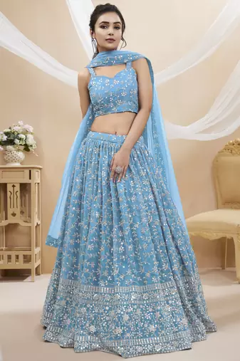 SKY BLUE SEQUINS AND ZARI EMBROIDERED GEORGETTE FESTIVE & PARTY WEAR SEMI STITCHED LEHENGA CHOLI