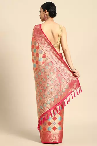 Pink Rangkat silk blend Woven Saree With Unstitched Blouse Piece