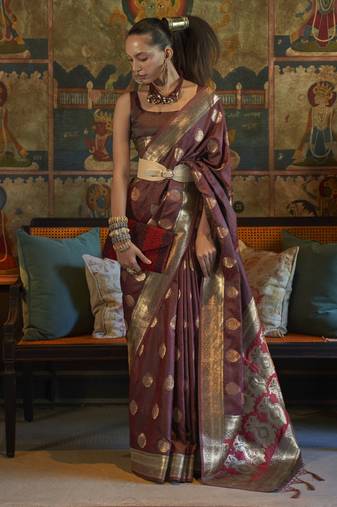 Wine Silk Jacquard Woven Saree With Blouse