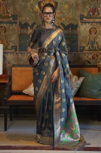 Navy Blue Silk Jacquard Woven Saree With Blouse