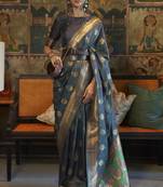 Navy Blue Silk Jacquard Woven Saree With Blouse