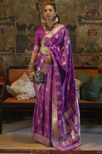 Magenta Silk Jacquard Woven Saree With Blouse